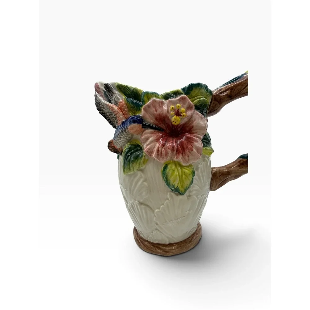 Vintage Hummingbird and Hibiscus Ceramic Pitcher Hand Painted 3D Floral Vase